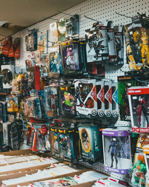 Assorted action figures on shelves